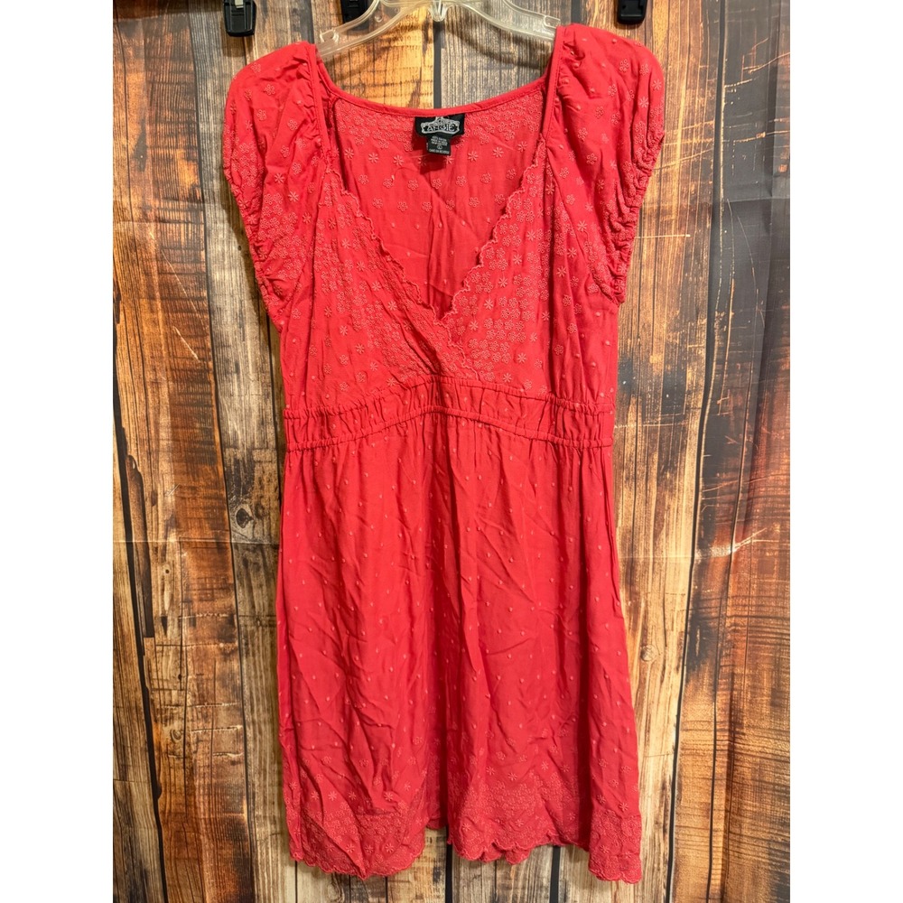 Angie Red Eyelet Embroidered Swiss Dot Boho Mini Dress Smocked Waist L